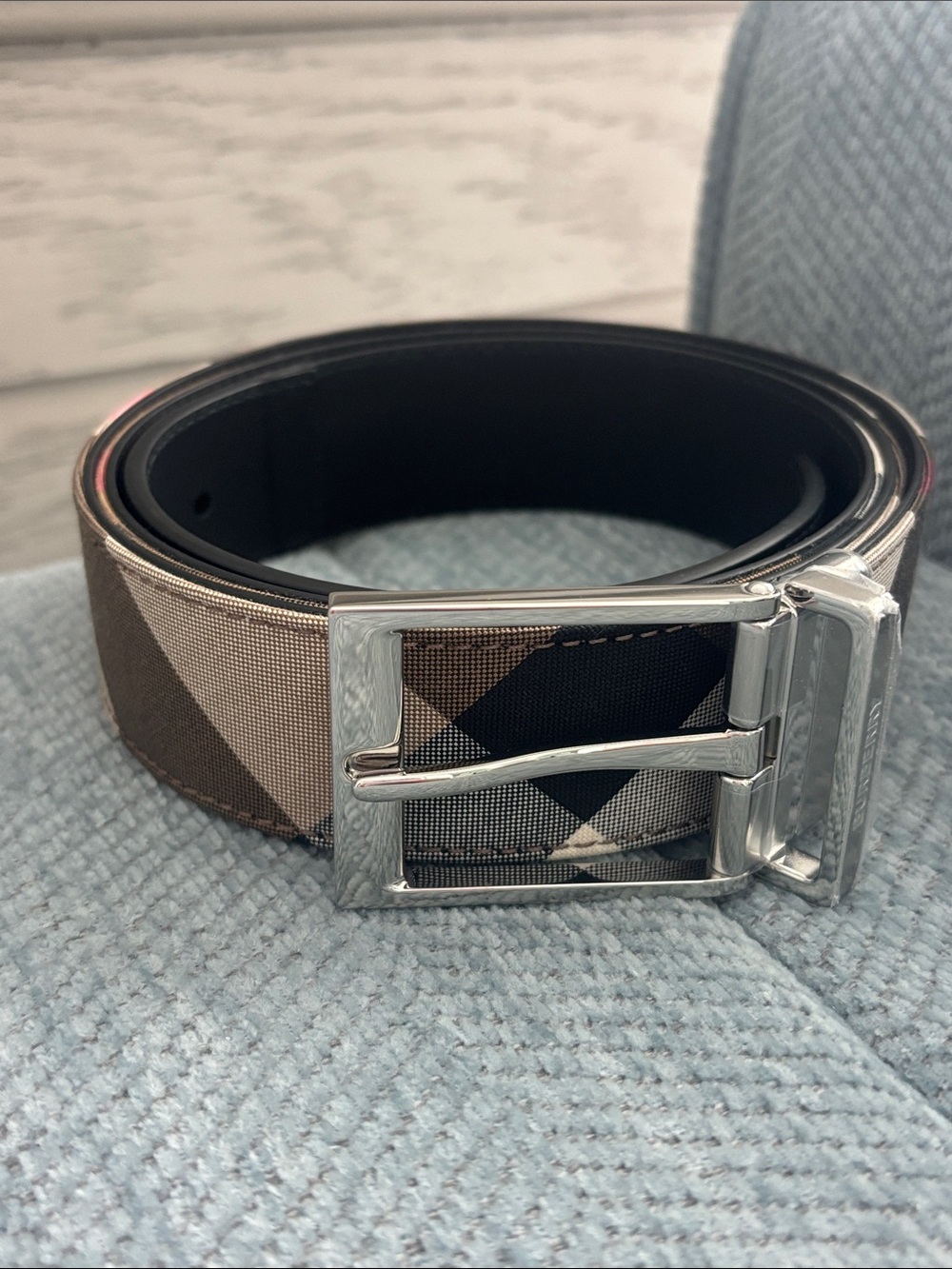 Burberry Men’s Check reversible Canvas Belt in Black and Brown Tones